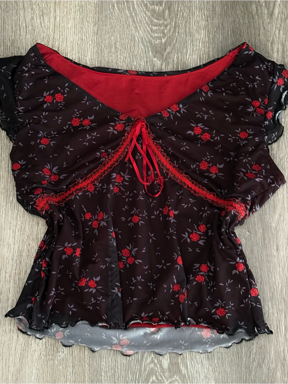 SHEIN Black Sheer Floral Blouse with Red Lace Trim
